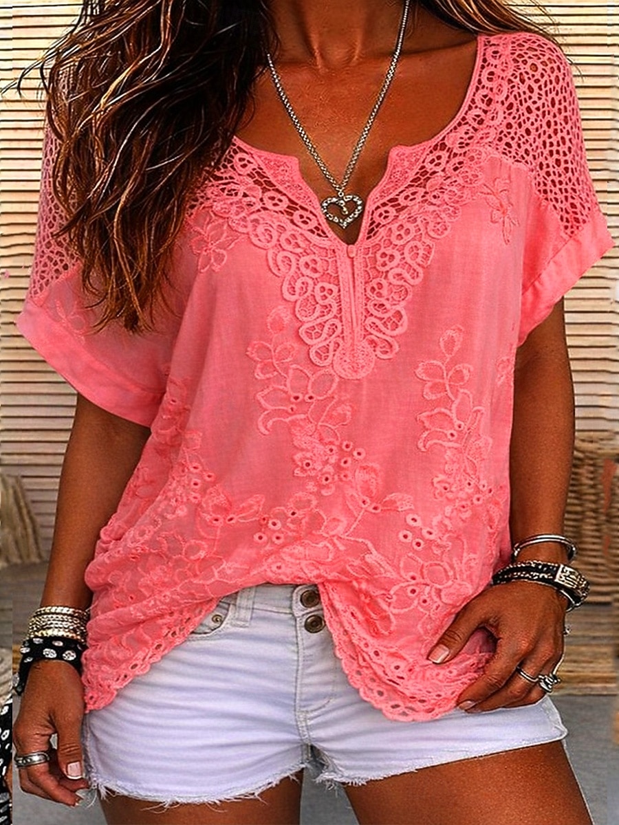 Dam Blus Spets Ensfärgat Stylish Ledigt Kortärmad V-hals Vanliga toppar Dagligen Blå Svart Vit Orange Grå Sommar Vår Höst 2026 - $9.99 –P6