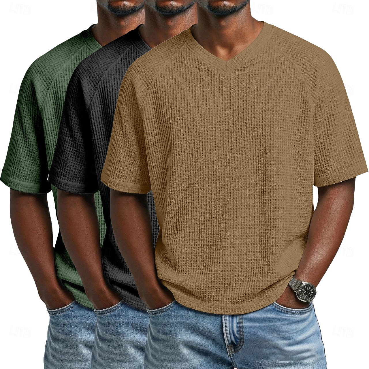 3 pezzi t-shirt da uomo waffle maglietta a maniche corte scollo a V estate tinta unita testurizzata alla moda designer casual multipack maniche raglan casual quotidiano esterno blu bianco maglietta del 2026 a $51.99 –P6