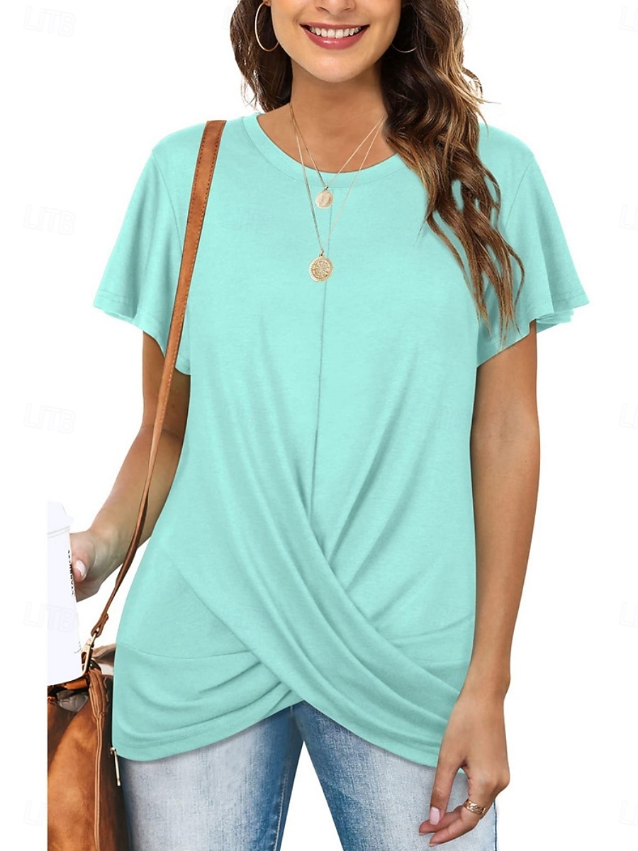 Mulheres Camiseta T-shirt Franzido Tecido Moda à moda Clássico Manga Curta Gola Redonda Tops regulares Diário Para Noite Final de semana Azul Preto Branco Rosa Vinho Verão Primavera de 2026 por $19.99 –P9