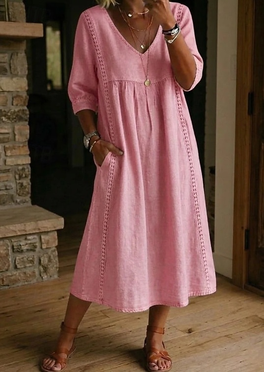 Abito Midi da Donna in 100% Cotone Abito a Finta Lino Abito all Aline Abito Estivo Vacanza Festa Casual Giornaliero Ufficio Spiaggia Vestibilità Larga Semplice Maniche Corte Collo a V Blu Chiaro Nero del 2026 a $31.99 –P2