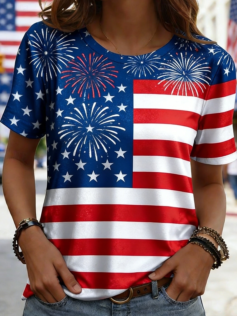 Giorno dell'Indipendenza Americana Per donna Maglietta Stampato Grafico Bandiera Elegante Classico Casual Manica Corta Girocollo Top Regolari Quotidiano Uscire Weekend Blu Blu Reale Estate Primavera del 2026 a $14.99 –P2