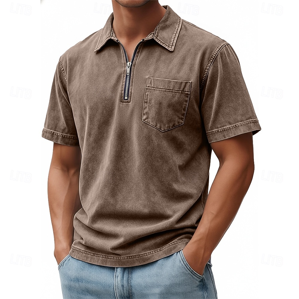 SoftFade™ Miesten Vetoketjullinen Polo 100% Puuvillaa Happopesu Paita Rentoa Päivittäinen Käyttö Neljännes Vetoketju Lyhythihainen Muoti Perus Yksinkertainen Denim Tasku Haalistunut Kesä Kevät 2026 - $31.99 –P8