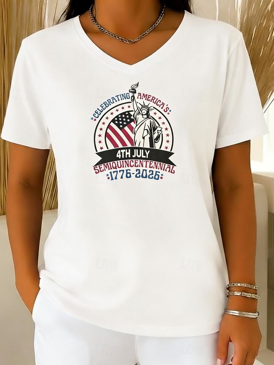 día de la independencia americana Mujer Camiseta Camiseta superior Estampado Graphic Elegante Clásico Casual Manga Corta Escote en Pico Tops regulares Diario Noche Fin de semana Azul Piscina Negro 2026 - $16.49 –P2