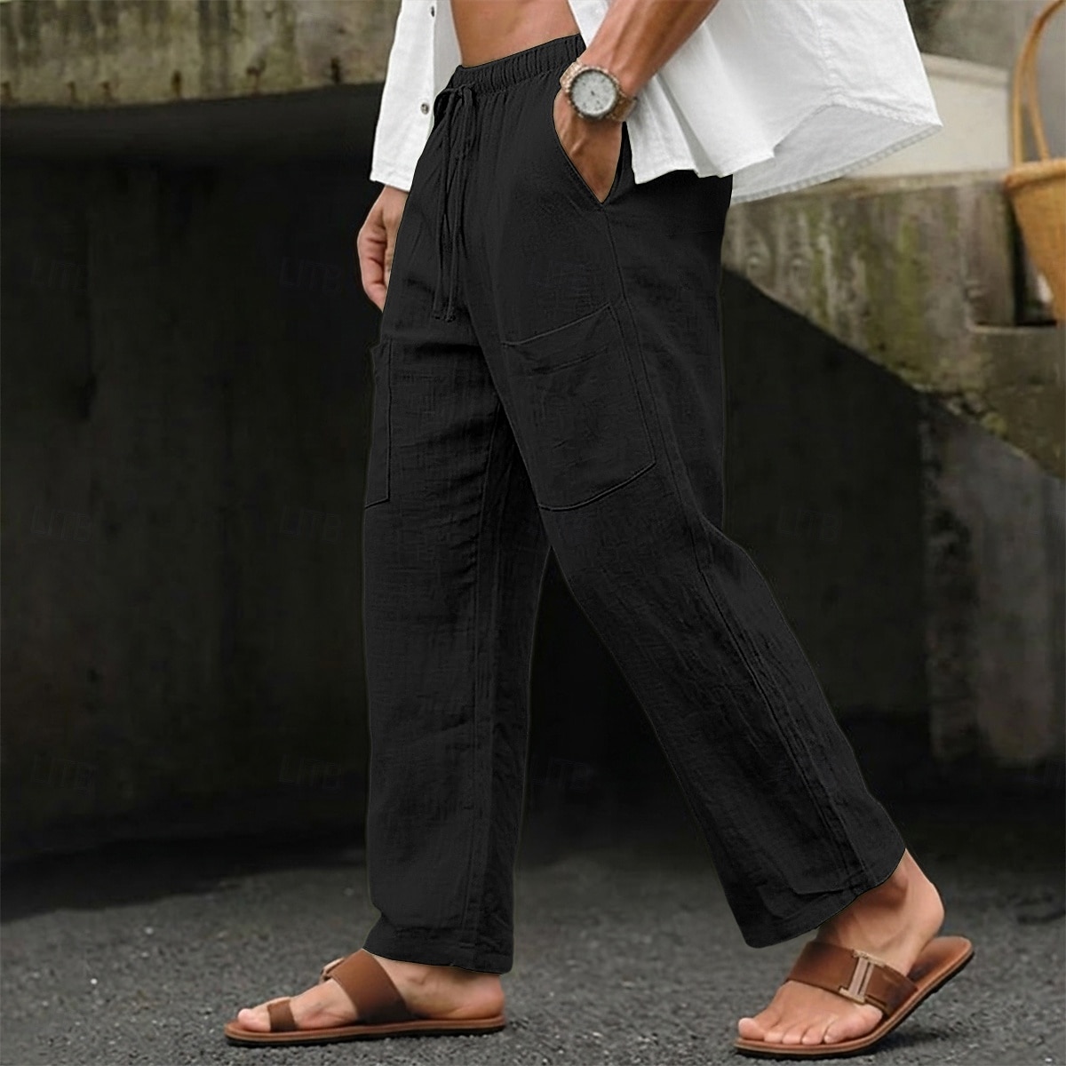 Hombre Pantalones de lino Pantalones de verano Pantalones anchos Correa Bolsillo Cintura elástica Plano Comodidad Transpirable Longitud total Casual Diario Exterior Vacaciones Moda Negro Verde Trébol 2026 - $25.99 –P10