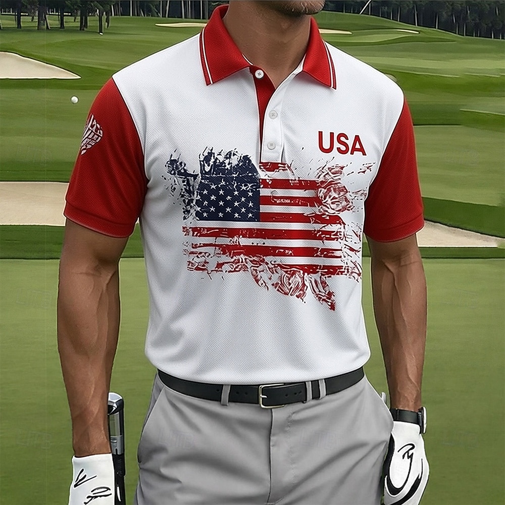 Amerikansk uavhengighetsdag Herre Amerikansk amerikansk flagg Golf Sports poloskjorter Kortermet Poloskjorter Skjorter med krage Fritid treningsklær Knapper Vår sommer Blå Rød Lilla 2026 - $22.99 –P1