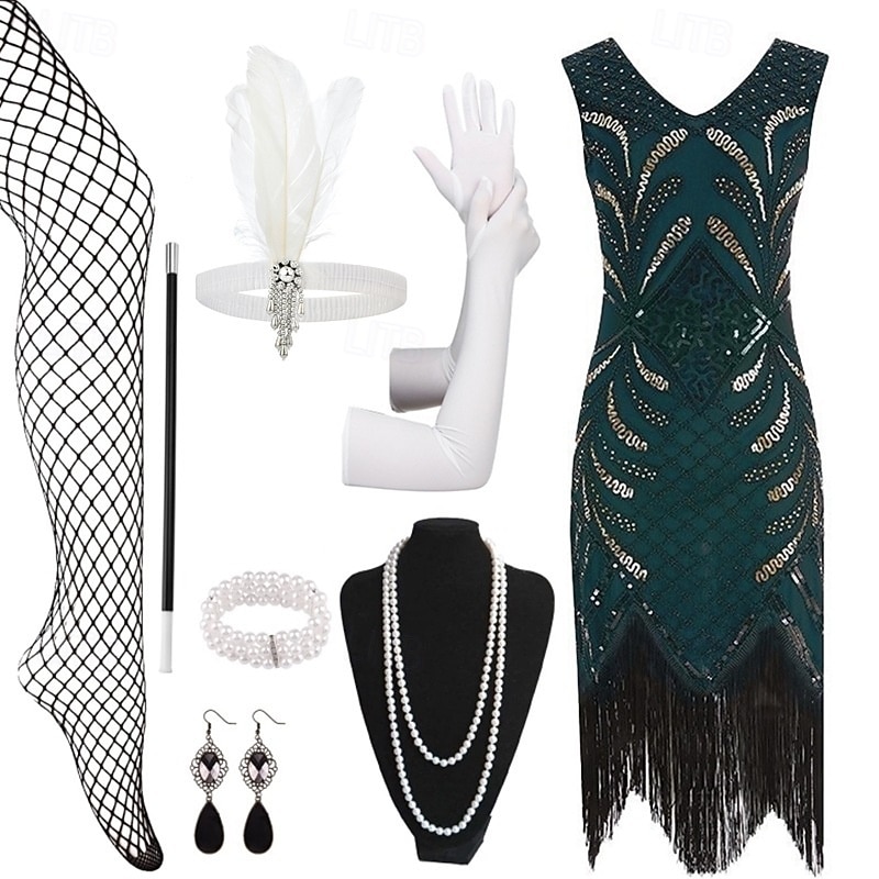 Set Anni Ruggenti Anni 1920 Lunghezza al ginocchio Vestito Abito Flapper Abiti con accessori Senza maniche Il grande Gatsby Charleston Taglie Forti Frangia con nappe Scollo a V Costume Per donna del 2026 a $62.99 –P3