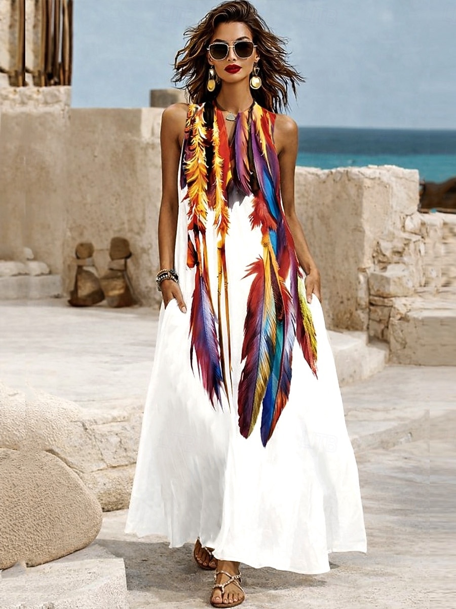 Femmes Robe maxi Robe d'Été Robe trapèze Robe d'été Vacances Occasionnel Boho Quotidien Fête Coupe Ample Graphique Tribal Plume Sans manches Col en V Col Halter Bleu Noir Blanche Rouge claire Ét de 2026 ? $39.99 –P1