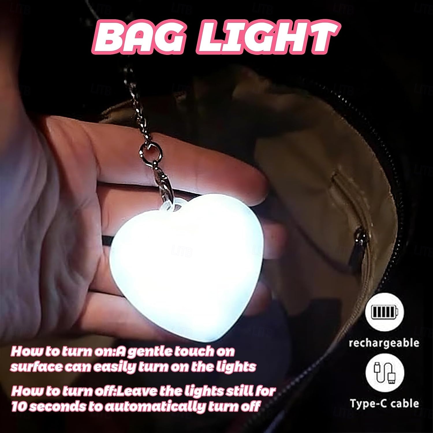 Oplaadbaar taslampje voor Valentijnsdag, hartvormig taslampje voor in de tas, automatische aanraaksensor, onmisbaar accessoire voor in de tas, cadeau voor vriendin, vrouw, moeder, vrienden (1 stuk) 2026 - $11.99 –P3
