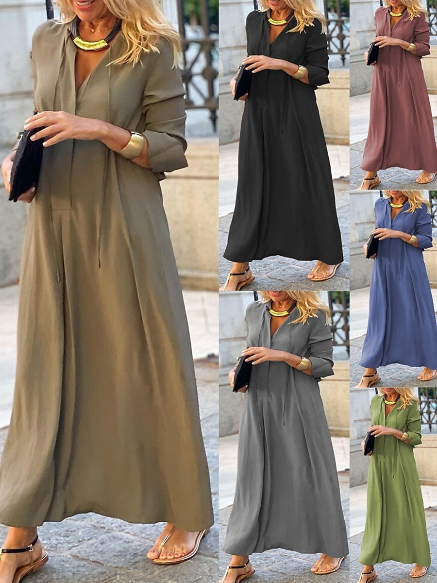 Γυναικεία Μακρύ φόρεμα Φόρεμα πουκαμίσα Καθημερινό φόρεμα Κομψό Μοντέρνα ΕΞΩΤΕΡΙΚΟΥ ΧΩΡΟΥ Διακοπές Εξόδου Χαλαρή Εφαρμογή Σκέτο Μακρυμάνικο Λαιμόκοψη V Μαύρο Ρουμπίνι Βαθυγάλαζο Καφέ Άνοιξη Φθινόπωρο 2026 - $27.99 –P1