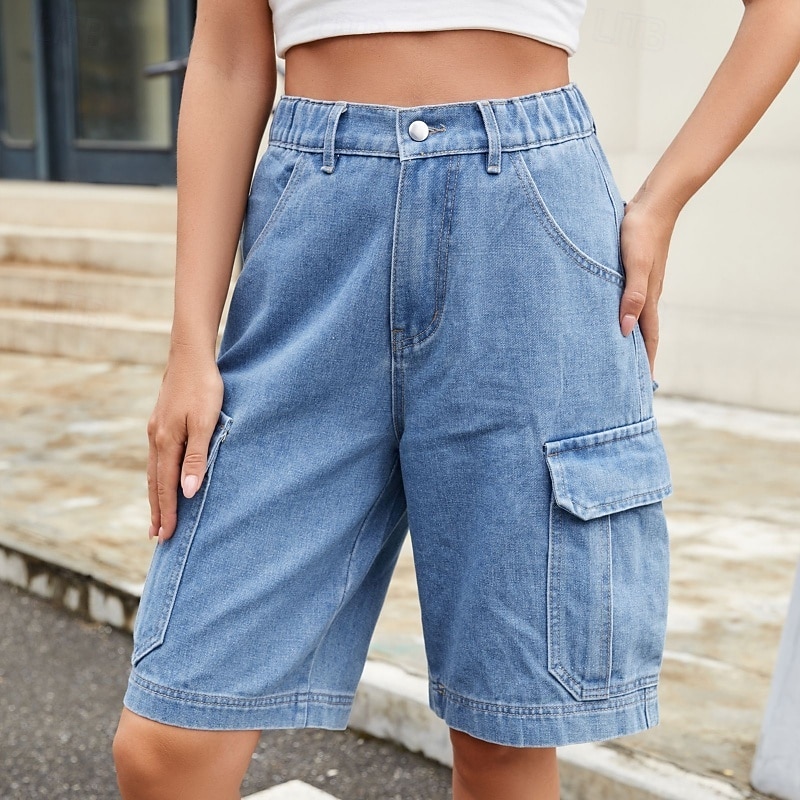 Mujer Bermudas Pantalón Corto Cargo Chinos Vacaciones Ropa de calle Casual Longitud de la rodilla Media cintura Color sólido Bolsillo Confortable Rígido Diario Exterior Vacaciones Azul Piscina Ocre 2026 - $45.99 –P6