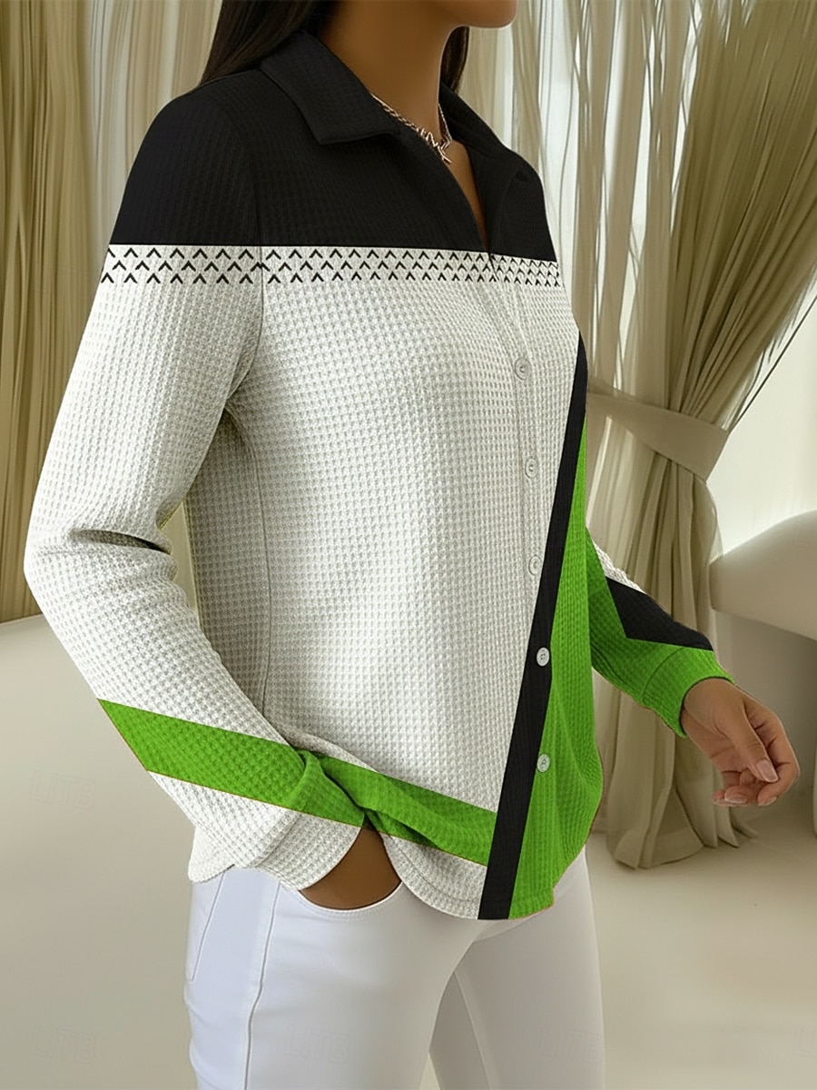 Women's Waffle Shirt Blouse Buttons Print Geometric Vacation Daily Stylish Long Sleeve Shirt Collar Regular Tops Daily Outdoor Holiday Blue White Purple Orange Green Summer Spring Fall 2026 - $24.99 –P5