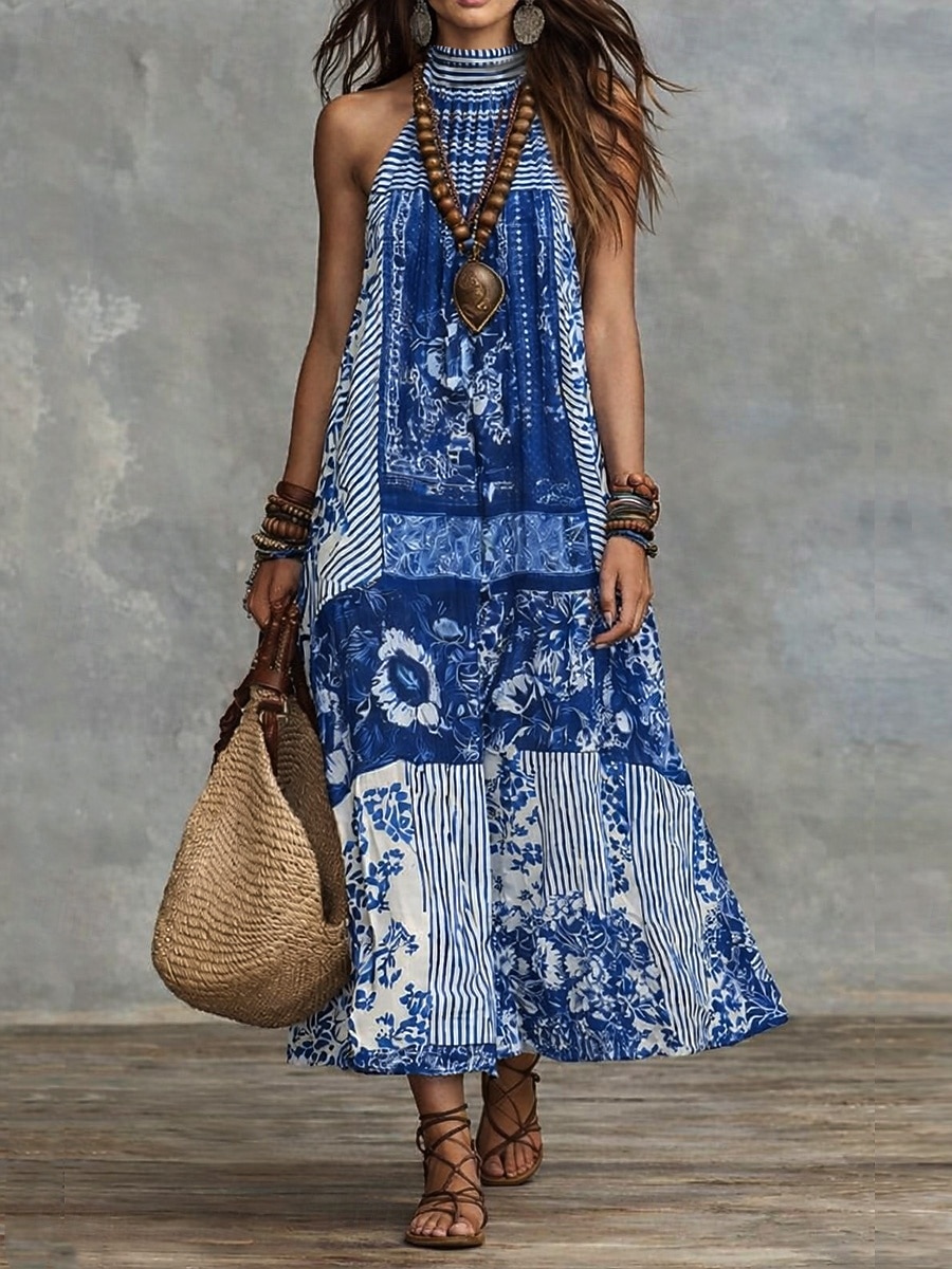 Women's Maxi Dress Casual Dress Chiffon Dress Swing Dress Boho Chic Dresses Bohemia Vacation Tropical Beach Holiday Date Regular Fit Floral Sleeveless Halter Neck Blue Navy Blue Fuchsia Summer Spring 2026 - $39.99 –P2