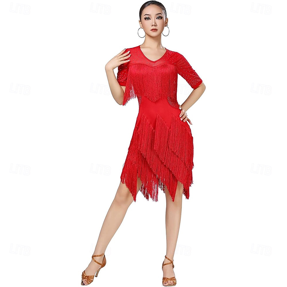 Baile Latino Vestido Pedrería Borla Mujer Fiesta Entrenamiento Rendimiento Media Manga Cintura Alta Nailon Encaje Licra 2026 - $96.99 –P1