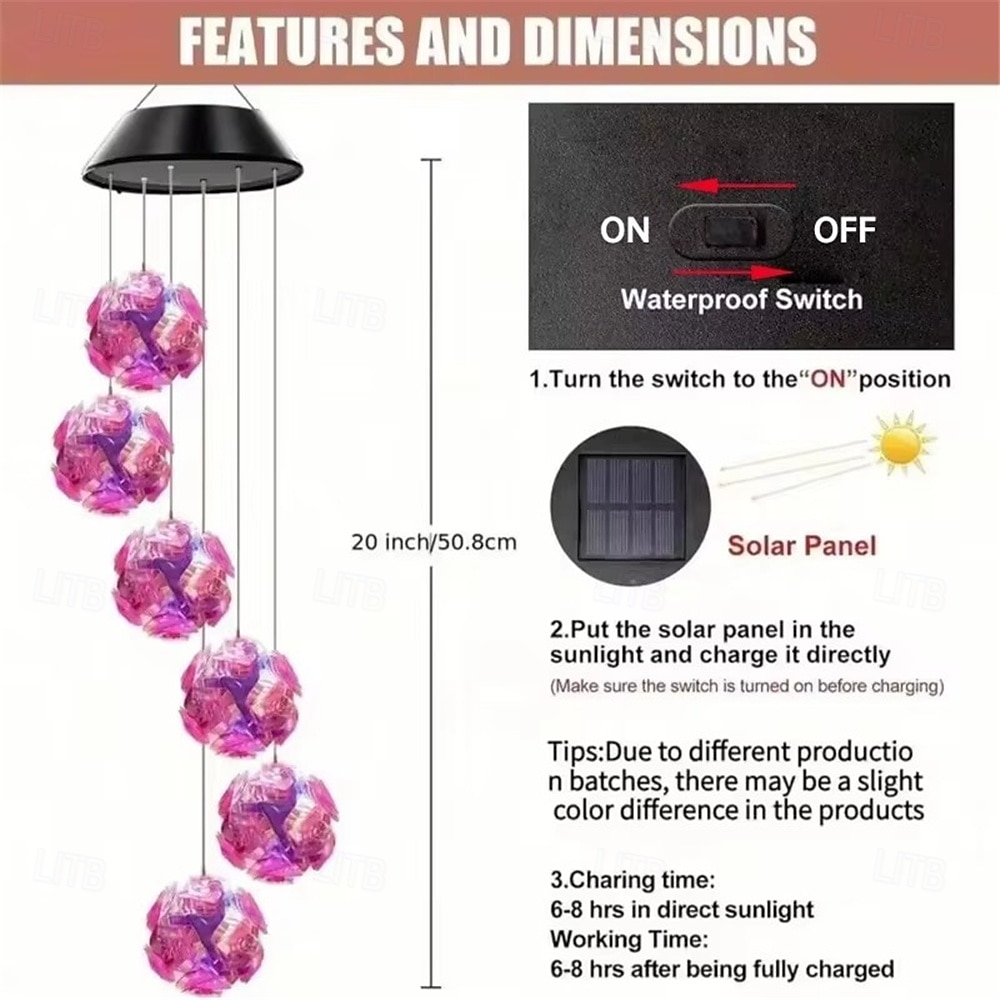 Solar Powered Color Changing Pink Embroidered Ball Flower Wind Chime Light Waterproof Outdoor Night Light Hanging Solar Lamp  1pc 2026 - $19.99 –P6