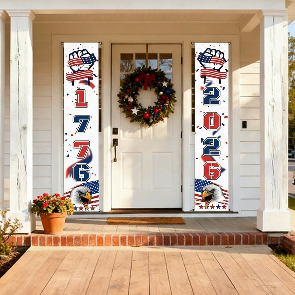 Decorațiuni pentru verandă cu banner aniversar de 250 de ani în America, semne suspendate pentru ușa de la intrare cu tematică semi-quincentenar a SUA, decor de bun venit patriotic roșu alb albastru 2026 - $14.99 –P1