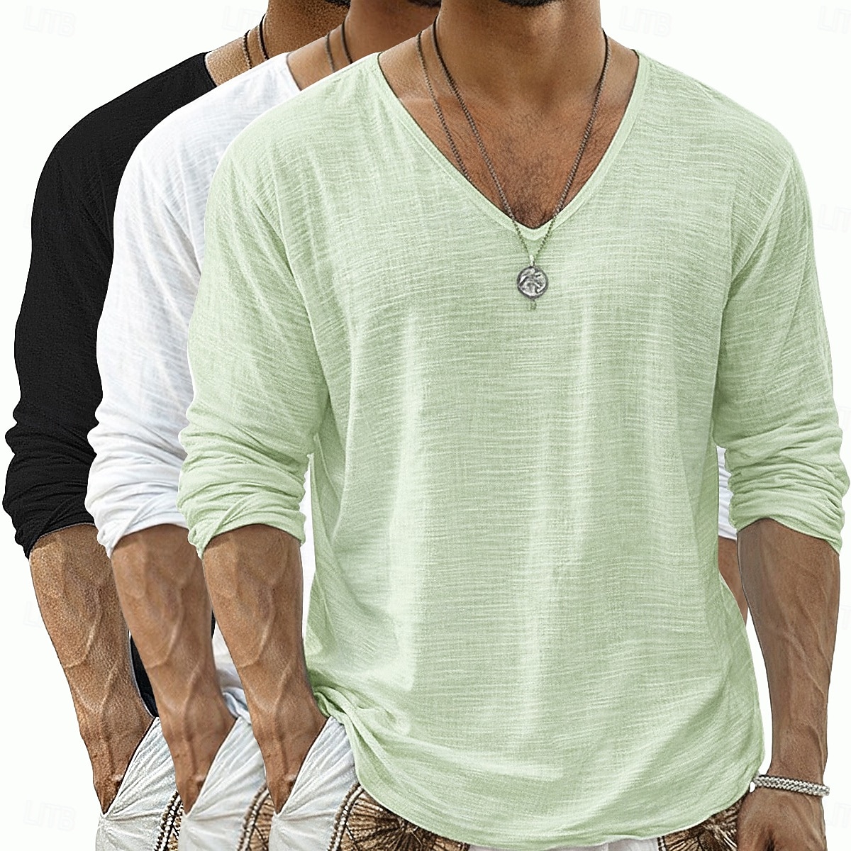 Per uomo Maglietta Maglietta in lino Manica Lunga Scollo a V Primavera & Estate Estate Primavera Tinta unica Semplice Quotidiano Casual Stile da Strada 3 pezzi Puro Confezione multipla Casuale del 2026 a $40.99 –P11