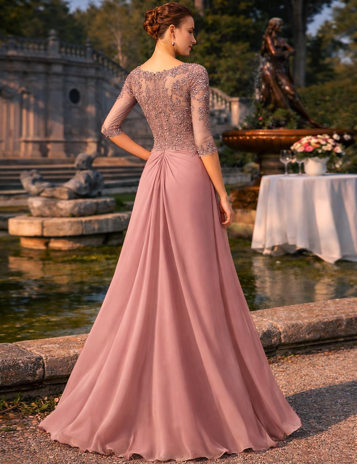 Funda Columna Hasta el Suelo Vestido Invitada Boda Vestido formal Vestido de noche Vestido de Madrina Manga 3/4 Escote Cuadrado Elegante Fiesta Formal Invitado a la boda Gasa Encaje con Lentejuela 2026 - $206.99 –P2
