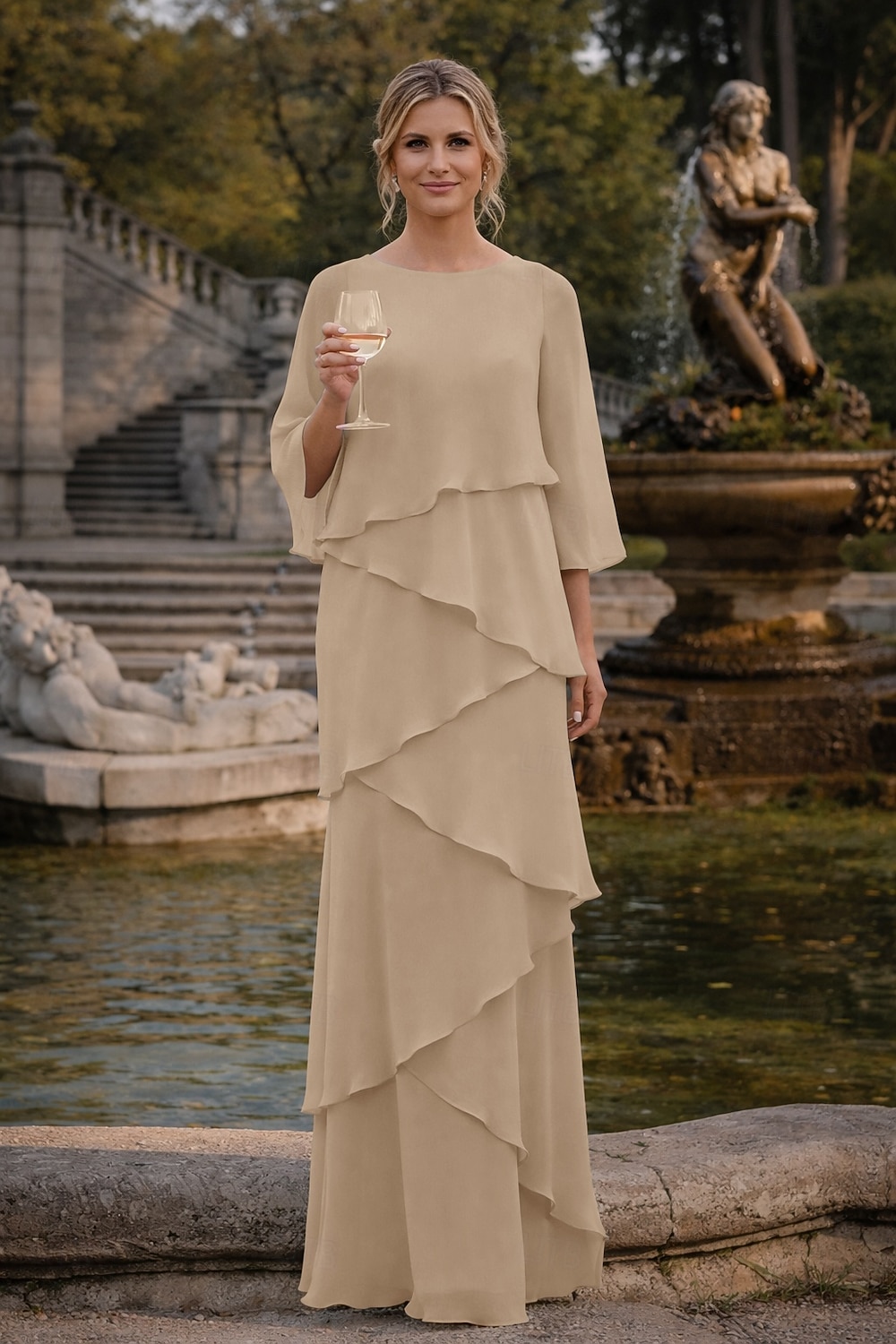 Schlauchkleid Bodenlang Kleid für Hochzeitsgäste Abendkleid Brautmutterkleid Dreiviertelarm Rundhalsausschnitt Elegant Formell Chiffon mit Rüschen 2026 - $89.99 –P13