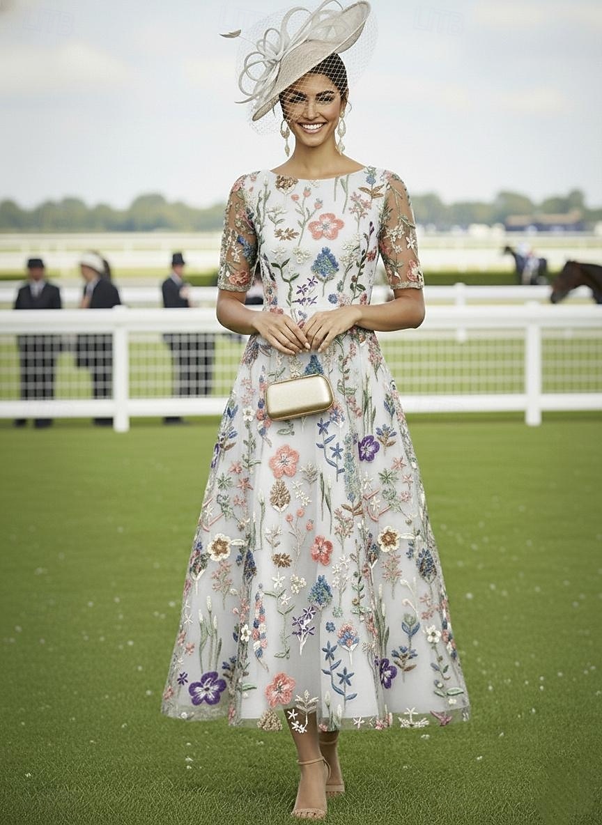 A-linje Kjoler Ankellengde Cocktail Kjole Gjestekjole til bryllup Kjole til brudens mor Halvlange ermer V-hals Elegant Fritid Formell Bryllupsgjest Kentucky Derby Chiffon Tyll med Blomstertrykk 2026 - $163.99 –P4