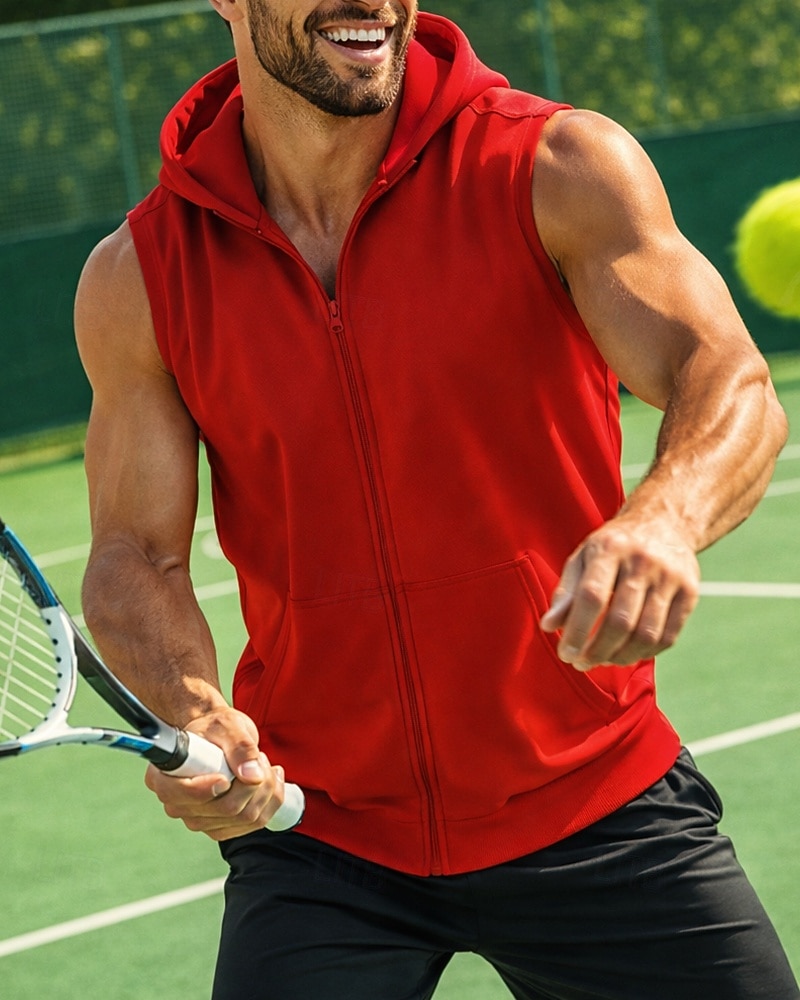 Herre Ensfarget Treningstank topp Sportstopp Ermeløs Ta igjen glidelåsen Med hette Hurtigtørkende Stretch Fukttransport Pustende Tennis Golfsko Pickleball Med hette Vest Mørkegrå Svart Rød Tennis klær 2026 - $23.99 –P1