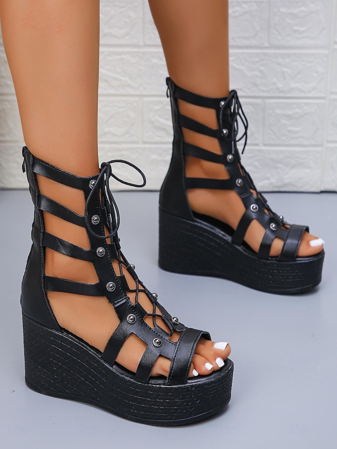 Dames zwarte gladiatorlaarzen met plateauzool en sleehak, hoge platformsandalen met vetersluiting voor het nachtleven, feestjes en een trendy clubavond. &festivalstijl 2026 - $34.99 –P4