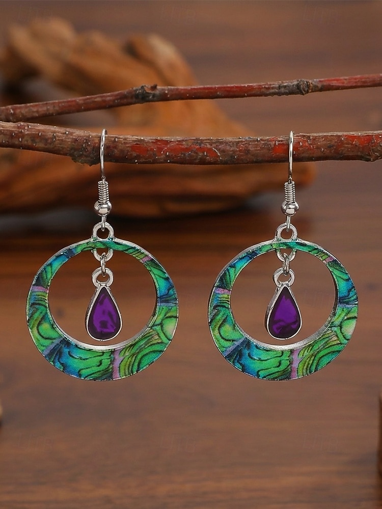 Cercei boemi din aliaj pentru femei cu lacrimă mov, design rotund colorat, perfecți pentru ținute casual zilnice și vacanțe la plajă 2026 - $7.99 –P5