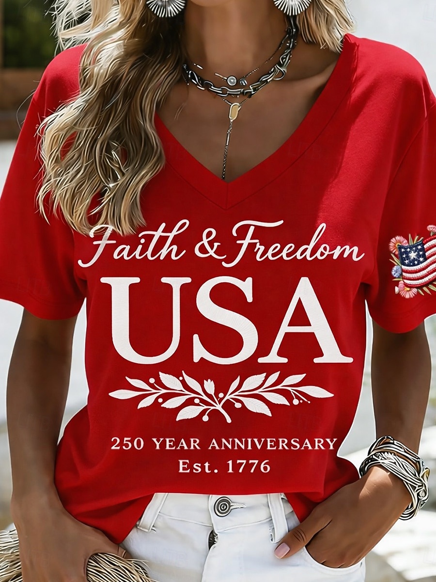 American Independence Day Women's T Shirt Print Graphic Flag Vintage Stylish Classic Short Sleeve V Neck Regular Tops Daily Red Summer Spring 2026 - $21.99 –P1