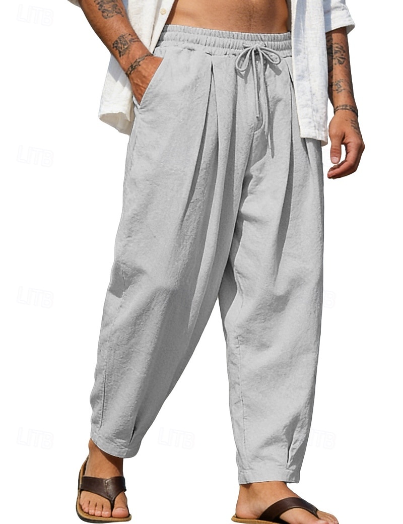 Homens Calças de linho Calça verão Calças de praia Com Cordão Bolsos Tecido Confortável Respirável Comprimento total Diário Casa Ao ar livre Férias Simples Preto Branco Sem Elasticidade de 2026 por $25.99 –P13