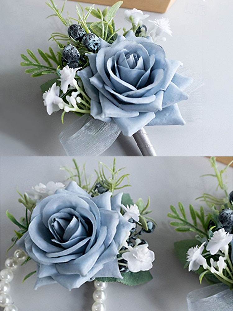 Ensemble boutonnière et bracelet de mariée pour homme, en polyester bleu clair à motif floral artificiel, idéal pour les mariés, les bals de fin d'année, les fêtes et les soirées formelles. de 2026 ? $14.99 –P12