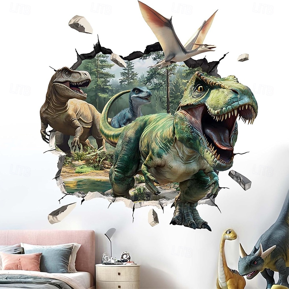 3D őskori dinoszaurusz világ t-rex triceratops brachiosaurus törött falhatás dzsungel fali kárpit ajtó banner gyerekek hálószoba fiúk játszószoba dekoráció születésnapi buli háttér 2026 - $19.99 –P7