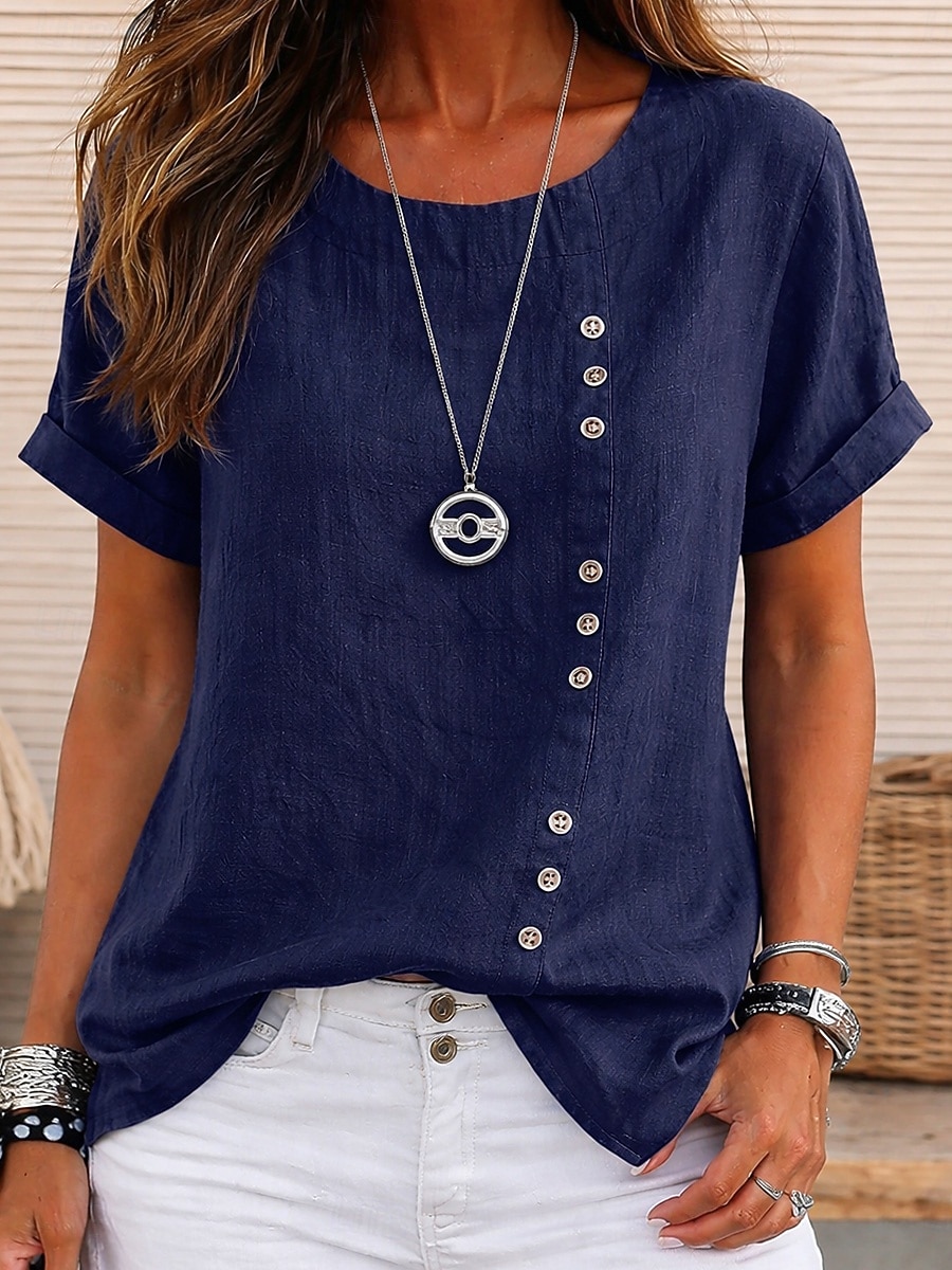 Dames 100% Katoen T-shirt Knop Effen Modieus Stijlvol Klassiek Korte mouw Strakke ronde hals Normale tops Dagelijks Uitgaan Weekend blauw Wit Geel Leger Groen Marineblauw Zomer Lente 2026 - $19.99 –P7