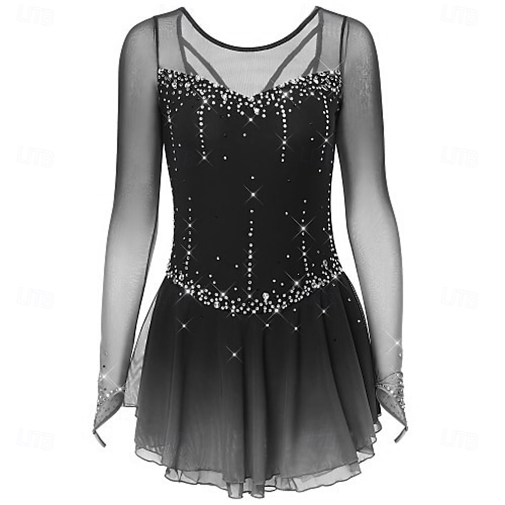Figure Skating Dress Women's Ice Skating Dress Dark Pink Black White Patchwork Open Back Stretchy Training Competition Skating Wear Classic Crystal / Rhinestone Long Sleeve Ice Skating Figure Skating 2026 - $248.09 –P5
