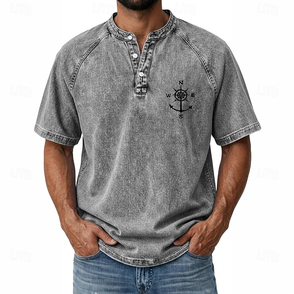 SoftFade™ Men's Demin Shirt 100% Cotton Acid Wash Shirt Henley Top Short Sleeve Vintage Distressed Casual Home Street Summer Spring Black Pink Light Green Gray Light Blue Stand Collar Henley 2026 - $31.99 –P2