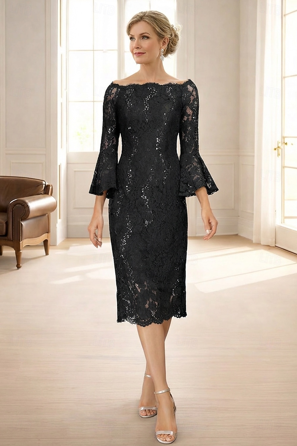 Sheath Column Tea Length Party Dress Cocktail Dress Wedding Guest Dress  Mother of the Bride Dress 3/4 Length Sleeve Jewel Neck Elegant Vintage  Wedding Guest Wedding Party Lace with Sequin 2026 - $197.99