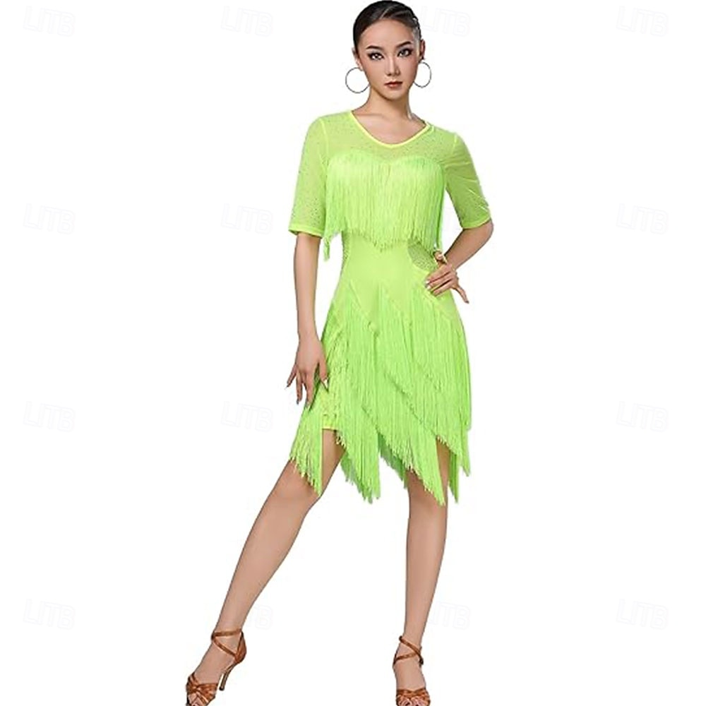 Baile Latino Vestido Pedrería Borla Mujer Fiesta Entrenamiento Rendimiento Media Manga Cintura Alta Nailon Encaje Licra 2026 - $96.99 –P10