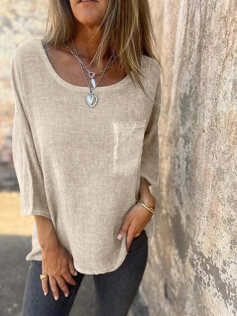 Mujer Mezcla de lino Blusa Retazos Bolsillo Plano Elegante Clásico Moderno Manga 3/4 Cuello Barco Tops regulares Tops largos Diario Festivos Noche Verde Claro Caqui Albaricoque Gris Verano Primavera 2026 - $22.99 –P3