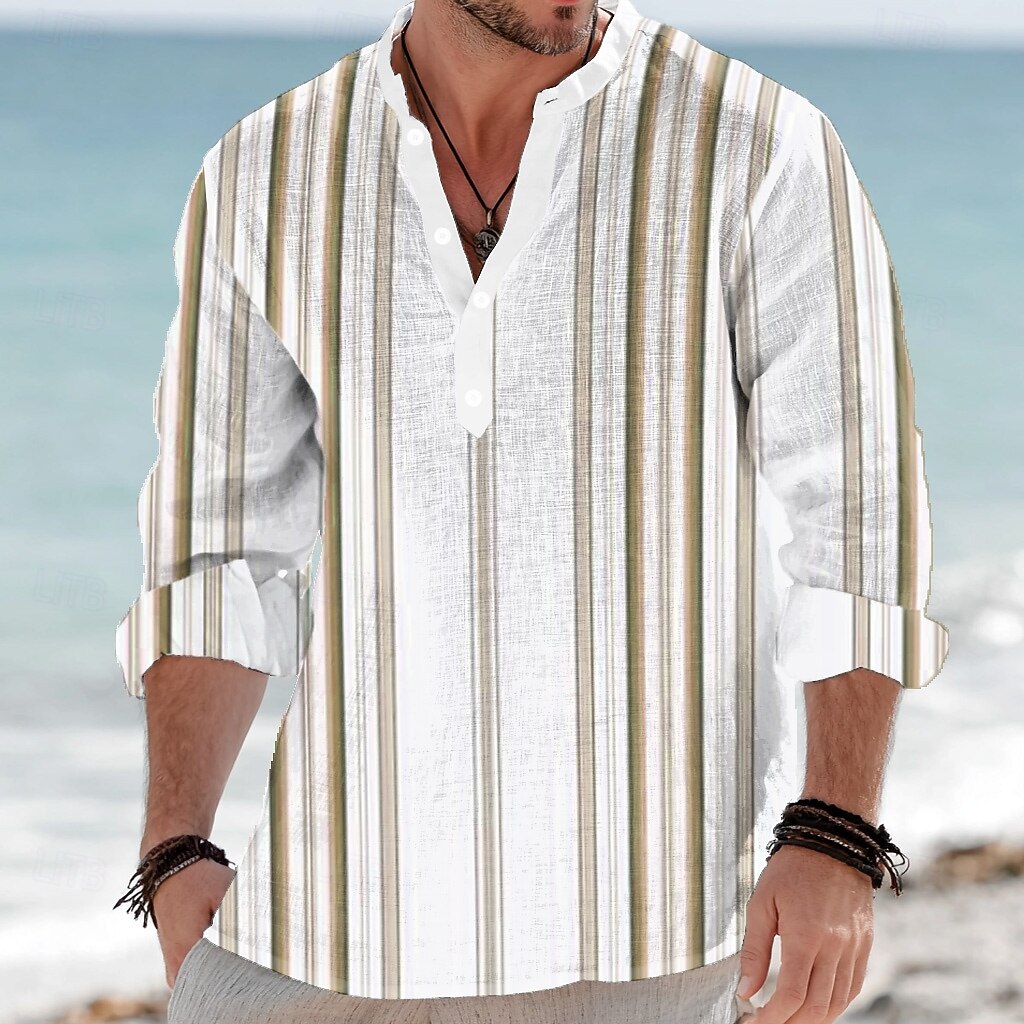 Voor heren Geometrisch Gestreept Overhemd Overhemd met knopen Henley-shirt Lange mouw Mode-casual Vakantie Dagelijks gebruik Zomer Lente Mandarijn Kraag Opstaande boord 3D-afdrukken Linnenachtig shirt 2026 - $27.99 –P2