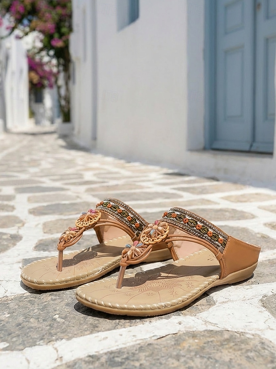 Women's Bohemian Brown Beaded Thong Sandals - Comfortable Floral Studded Flip Flops with Ethnic Pattern for Beach Vacations, Outdoor Resorts & Summer Daily Wear 2026 - $32.99 –P3