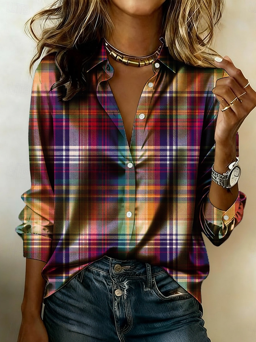 Women's Shirt Satin Shirt Print Graphic Plaid Vacation Casual Long Sleeve Shirt Collar Regular Tops Daily Holiday Going out Rainbow Summer Spring Fall 2026 - $26.99 –P1