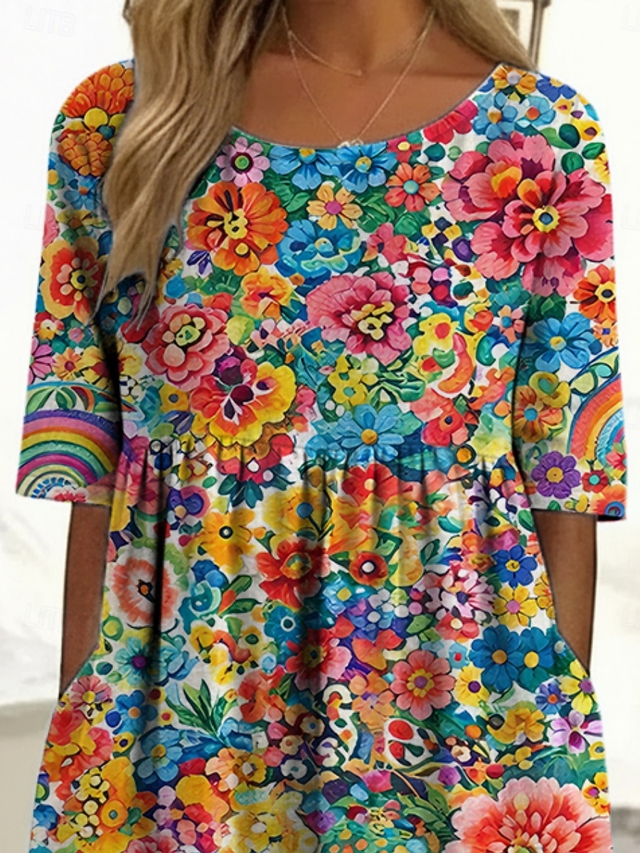 2026年 女性用 ミディドレス カジュアルドレス プリントドレス ファッション アウトドア バケーション お出かけ ルーズフィット フラワー グラフィック 半袖 クルーネック ブルー ライトイエロー パープル グリーン 夏 春  コレクション – $29.99 –P3