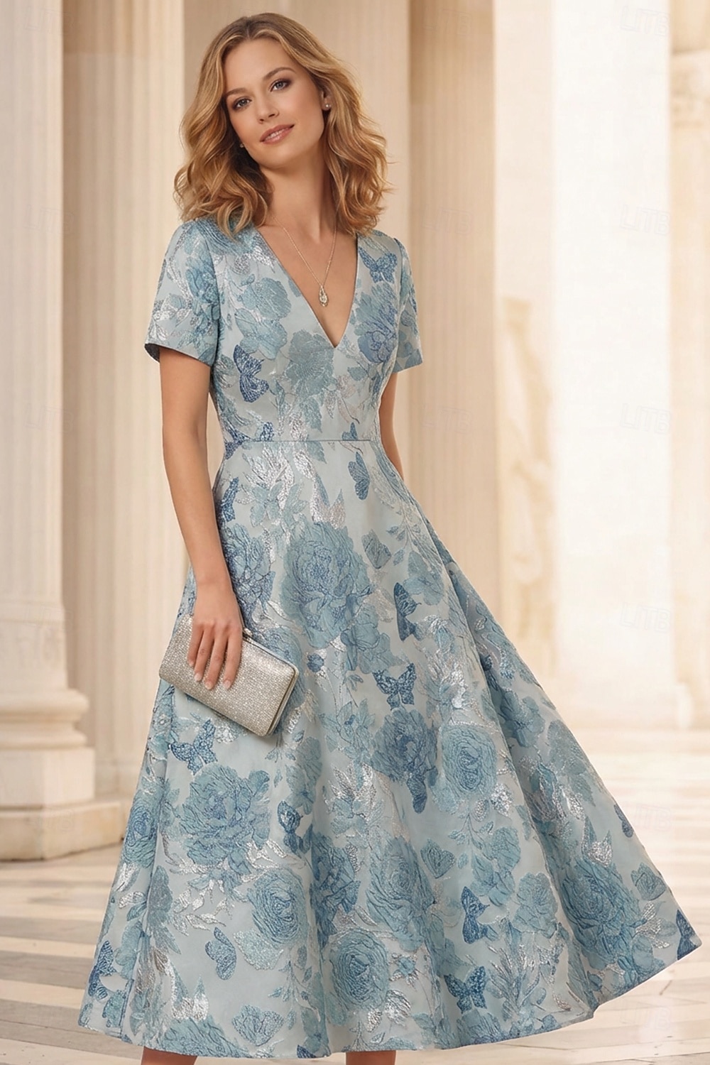 Linea ad A Lunghezza alla caviglia Lunghezza Tè Abito Formale Abiti da Cocktail Elegante Manica Corta Scollo a V Matrimonio Formale Jacquard con Pieghe del 2026 a $164.69 –P6