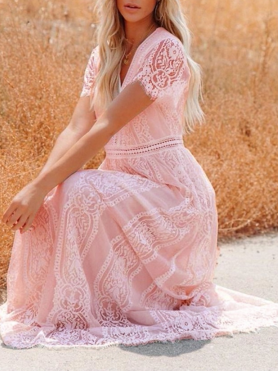 Women's Maxi Dress White Lace Dress Elegant Fashion Modern Outdoor Vacation Going out Regular Fit Plain Short Sleeve V Neck White Summer Spring 2026 - $43.99 –P9