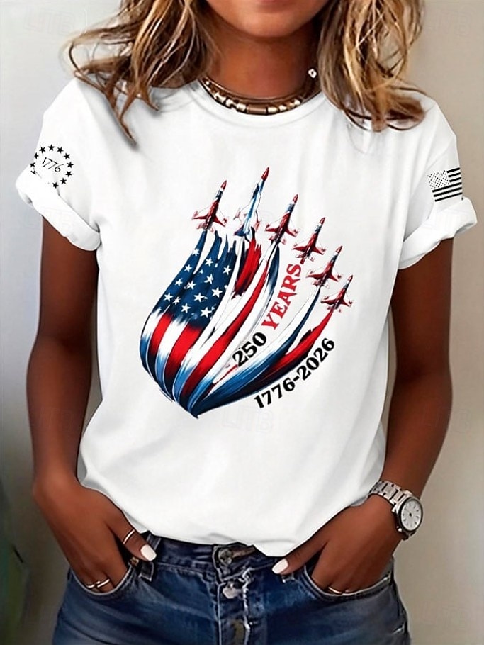 Amerikansk uavhengighetsdag Dame T skjorte Trykt mønster Grafisk Flagg Bokstaver Årgang Stilfull Klassisk Kortermet Crew-hals Vanlige topper Daglig Blå Aske Svart Hvit Sommer Vår 2026 - $22.99 –P3