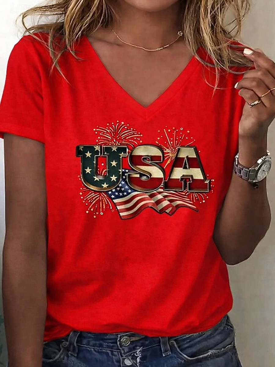 Ημέρα Αμερικανικής Ανεξαρτησίας Γυναικεία Μπλουζάκι Στάμπα Γραφική Σημαία Βίντατζ Στυλάτο Κλασσικό Κοντομάνικο Λαιμόκοψη V Κανονικά μπλουζάκια Καθημερινά Θαλασσί Μαύρο Λευκό Ρουμπίνι Καλοκαίρι Άνοιξη 2026 - $21.99 –P5