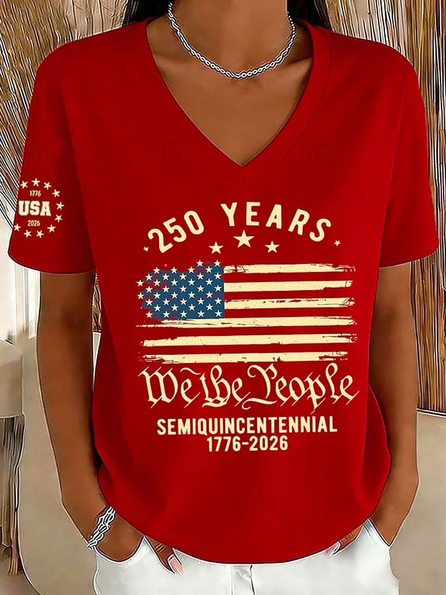 2026年 アメリカ独立記念日 女性用 Tシャツ プリント グラフィック フラッグ アメリカの国旗 ヴィンテージ スタイリッシュ クラシック 半袖 Ｖネック レギュラートップス 日常 ピンク ルビーレッド パープル カーキ色 夏 春  コレクション – $21.99 –P1