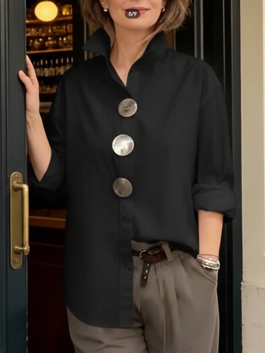 Women's Blouse Buttons Solid Color Elegant Stylish Casual Long Sleeve Lapel Regular Tops Daily Blue Black White Pink Wine Spring Fall 2026 - $22.99 –P4