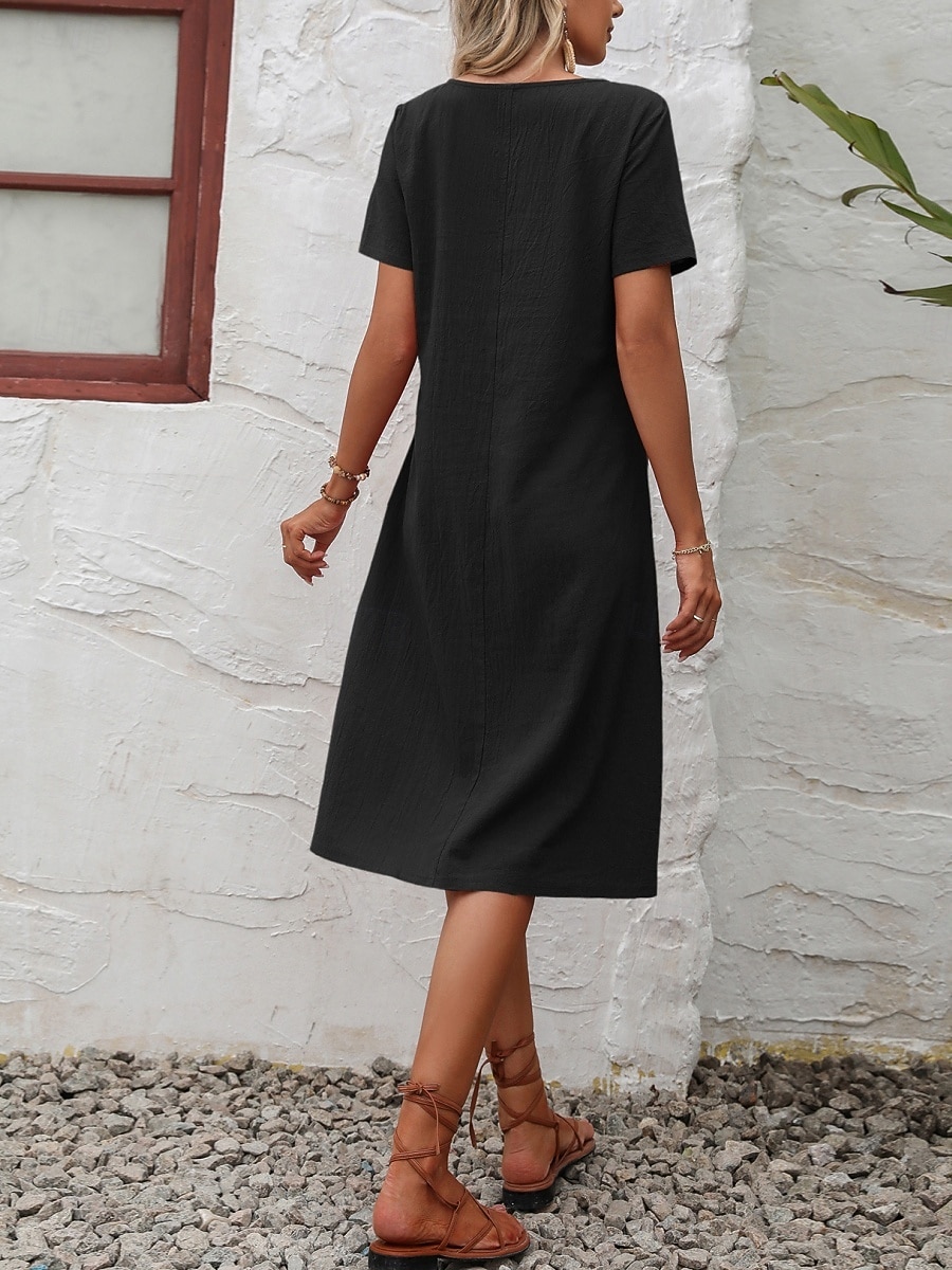 Women's Midi  Faux Cotton Linen  Dress A Line Dress Summer Dress Casual Daily Loose Fit Plain Short Sleeve Crew Neck Black Orange Army Green Apricot Summer 2026 - $28.99 –P10