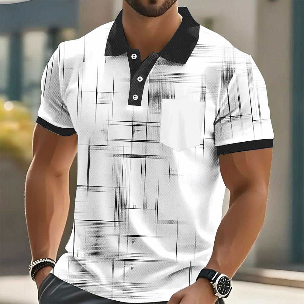 Herr Geometrisk Linje Polo Kortärmad Polotröjor Skjortor med krage Business Casual Utomhus Fritids- Dagliga kläder Ficka 3D-utskrift Knappar Sommar Blå Svartvit Svart 2026 - $21.99 –P7