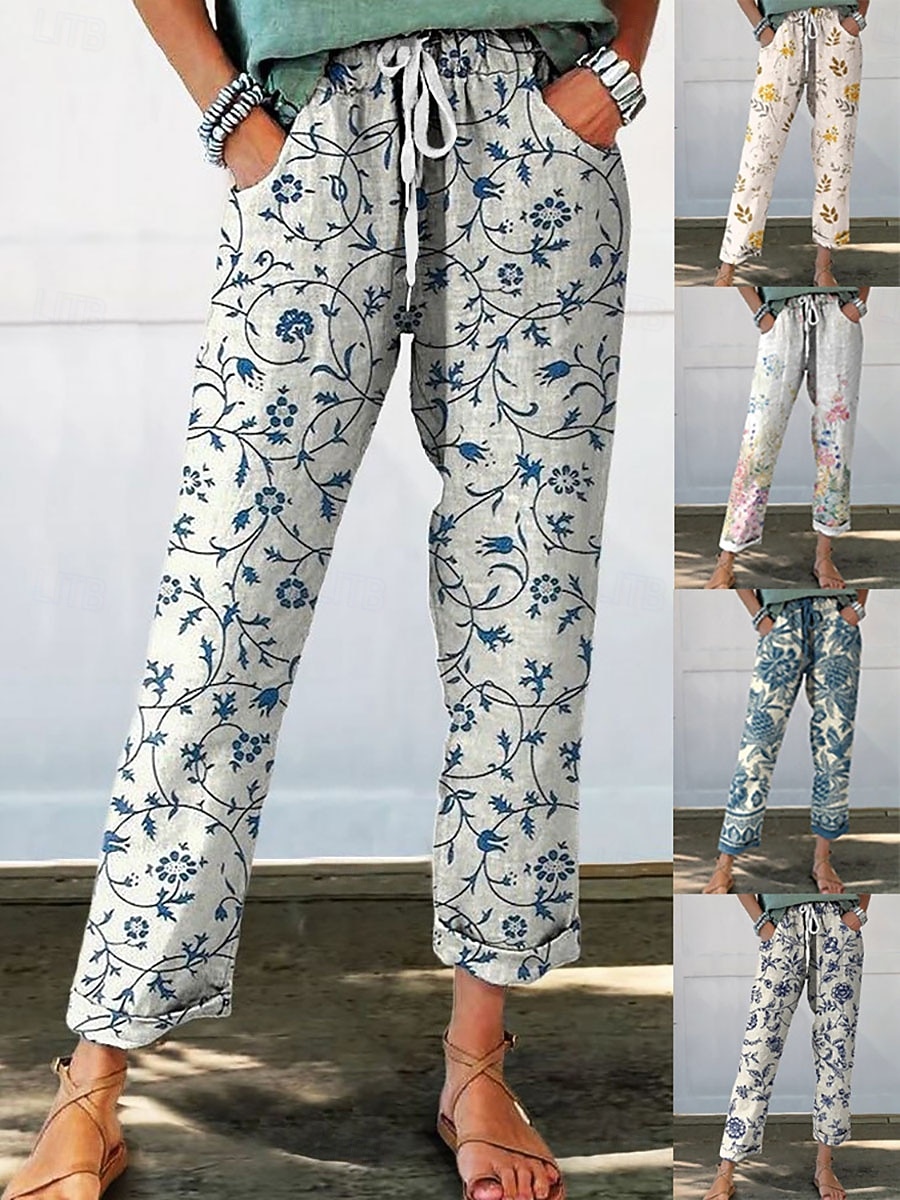 Damen Chinos Gerade Urlaub Streetwear Lässig Volle Länge Mittlere Taillenlinie Blumen Grafik Kordelzug Tasche Drucken Bequem Komfort Atmungsaktiv Mikroelastisch Täglich Outdoor Streetwear Blau 2026 - $24.99 –P1