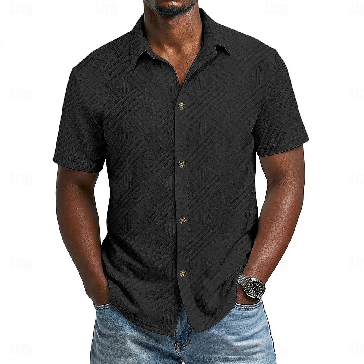 Voor heren Overhemd Normaal shirt Overhemd met knopen Jacquard overhemd Zwart Wit Abrikoos Grijs Licht Blauw Korte mouw Geometrisch Effen Revers Casual Dagelijks Jacquard Kleding Elegant Modieus 2026 - $25.99 –P9